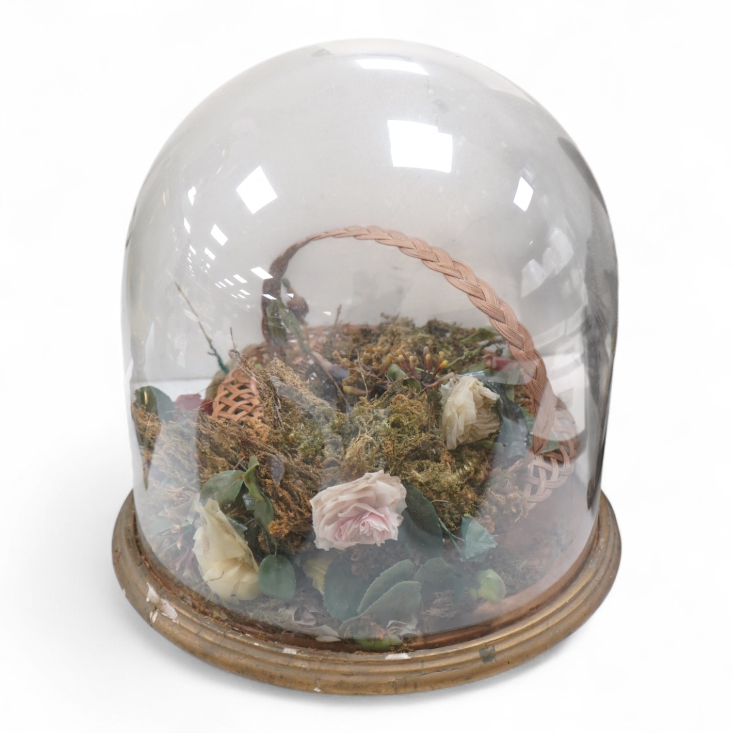 A Victorian wax flower display under dome, 38cm high